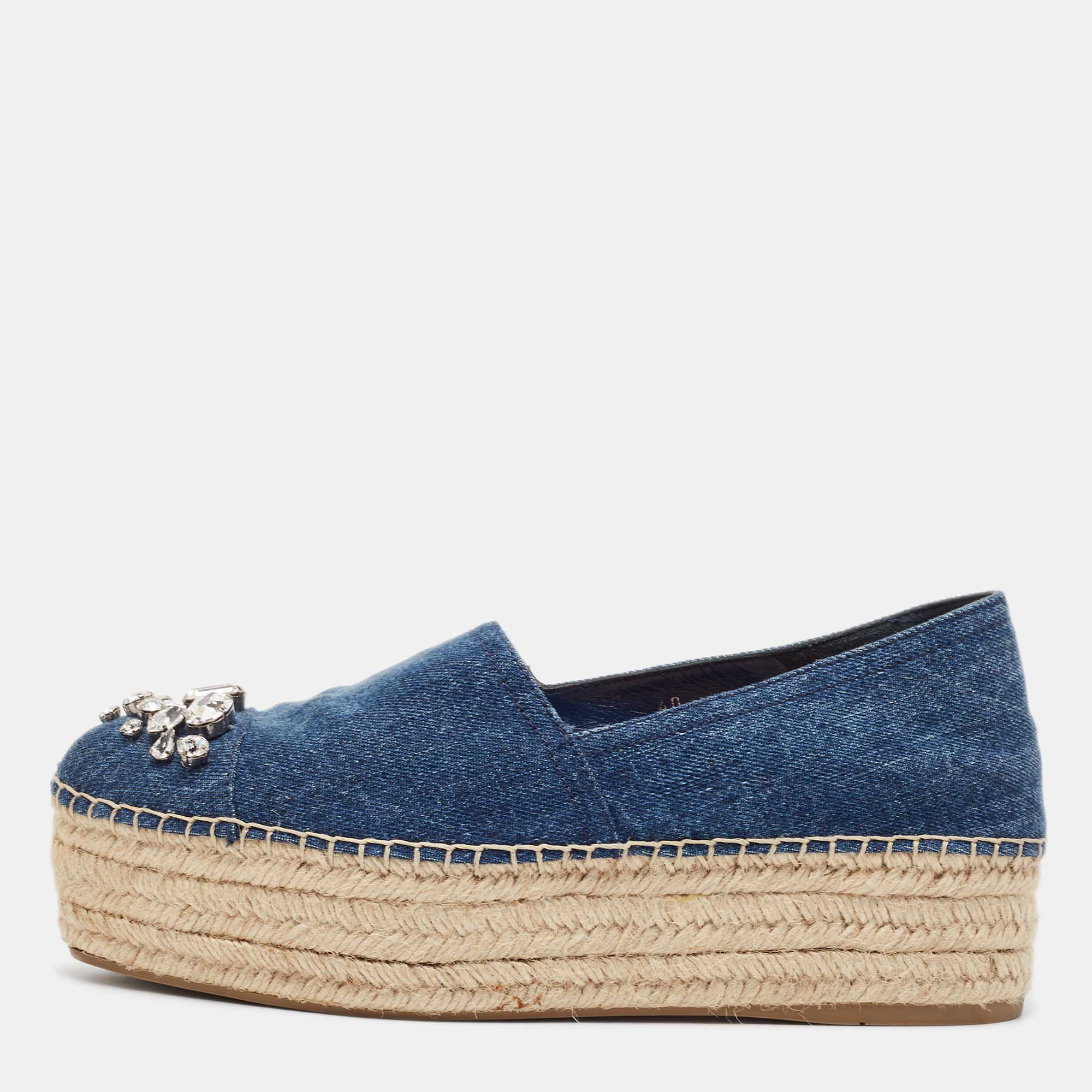 Miu Miu Blue Denim Crystal Embellished Platform Espadrilles Size 40