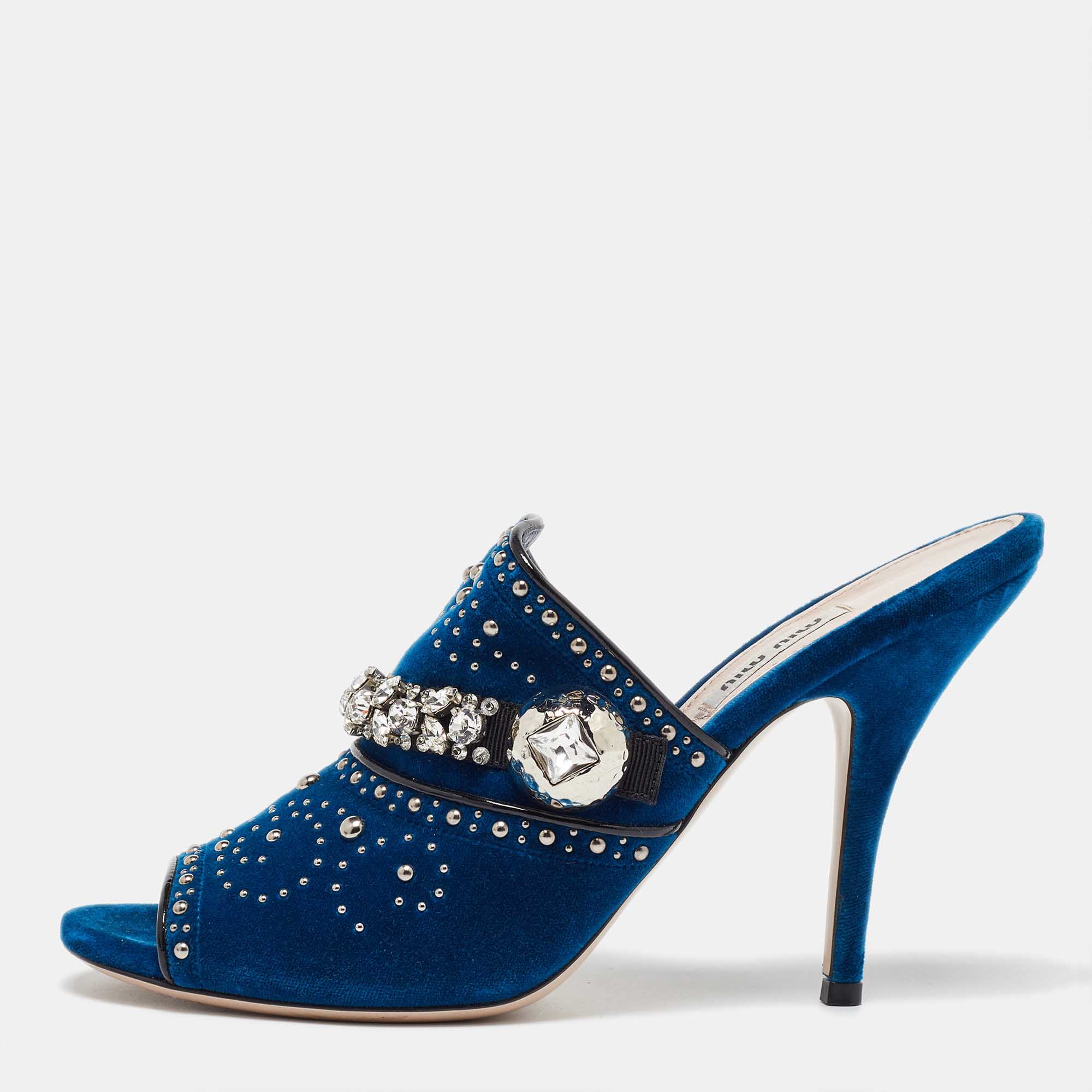 Miu Miu Blue Velvet Studded and Crystal Embellished Mules Size 41