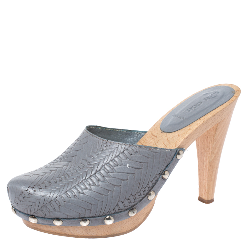 Miu Miu Grey Leather Studded Platform Clogs Size 40