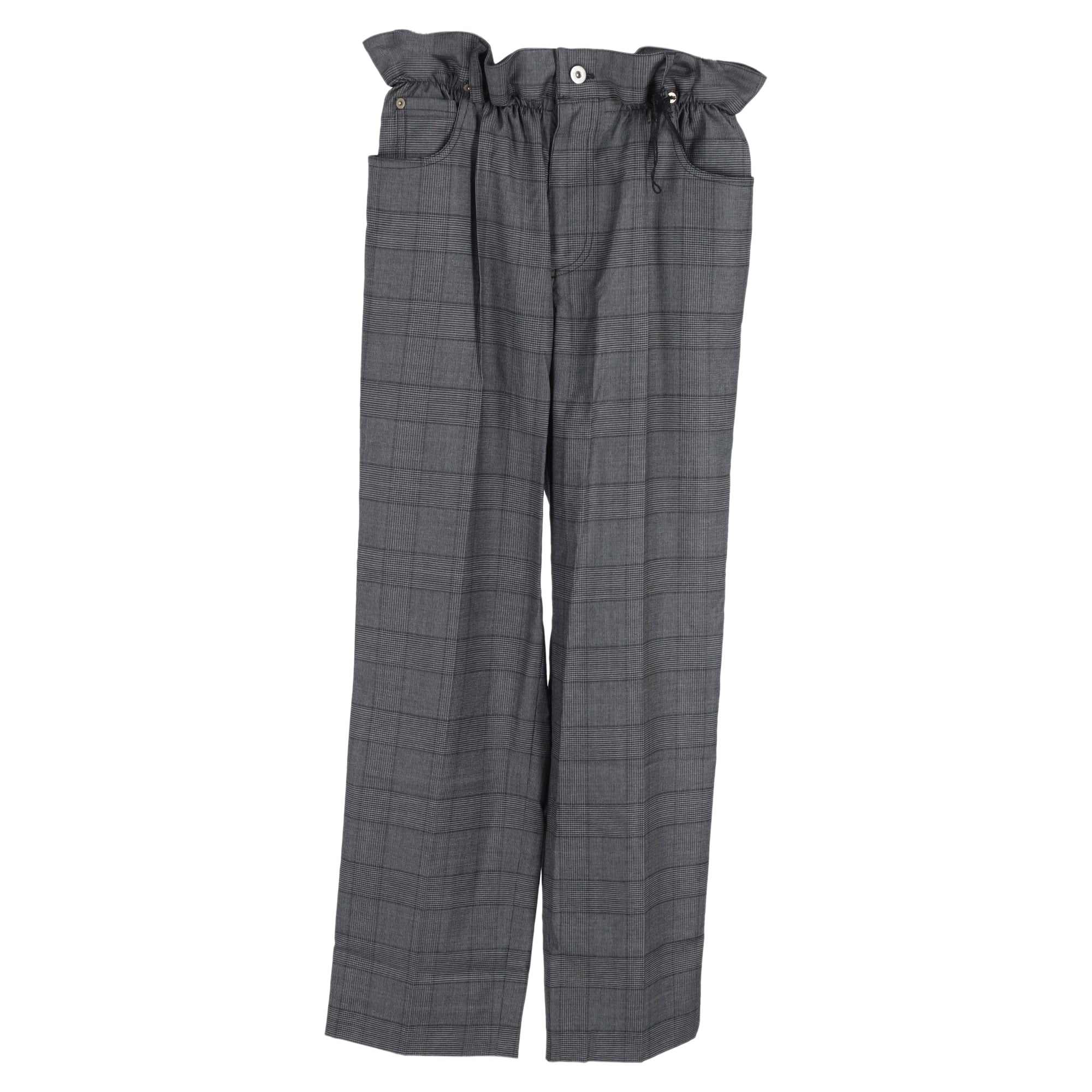 Miu Miu Plaid Wide-Leg Paper Bag Trousers in Grey Wool