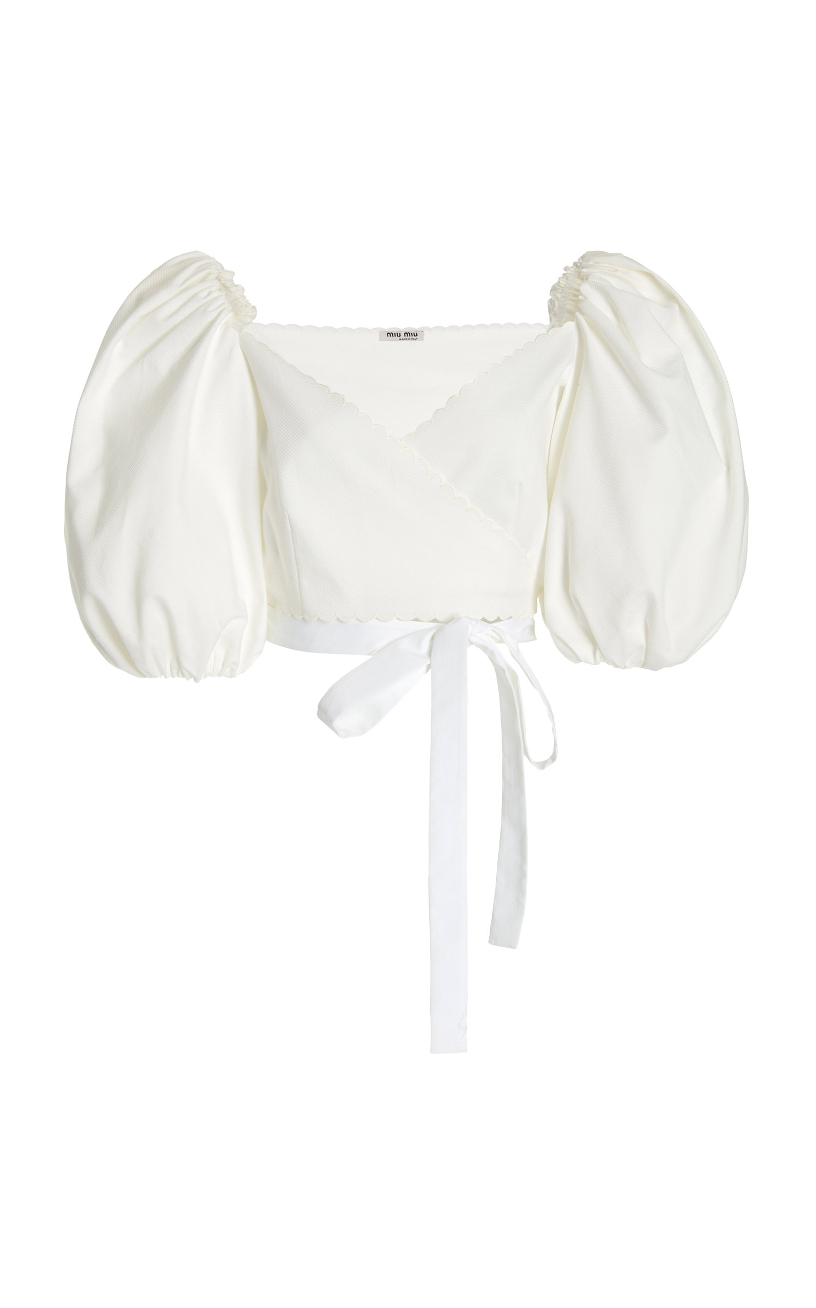 Miu Miu - Puff-Sleeve Cotton Pique Cropped Wrap Top - White - IT 40 - Moda Operandi