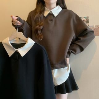 Mock Two-Piece Long-Sleeve Contrast Collar Two-Tone Sweatshirt