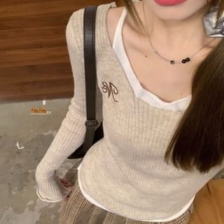 Mock Two-Piece Long-Sleeve Embroidered Ribbed Knit Top