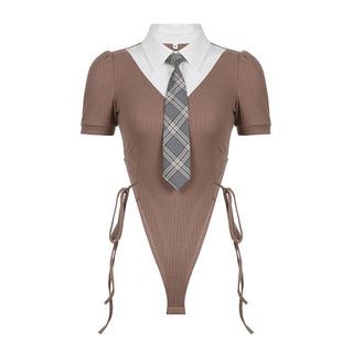 Mock Two-Piece Short-Sleeve Collar Two Tone Bodysuit Top