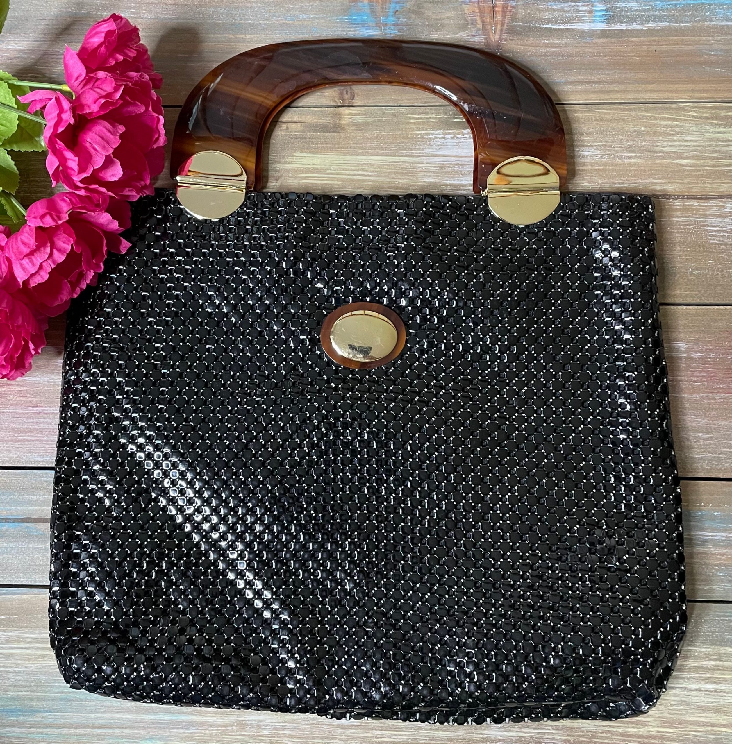 Mod Vintage 1960's Black Mesh Whiting & Davis Tote Style Large Top Handle Purse/Handbag