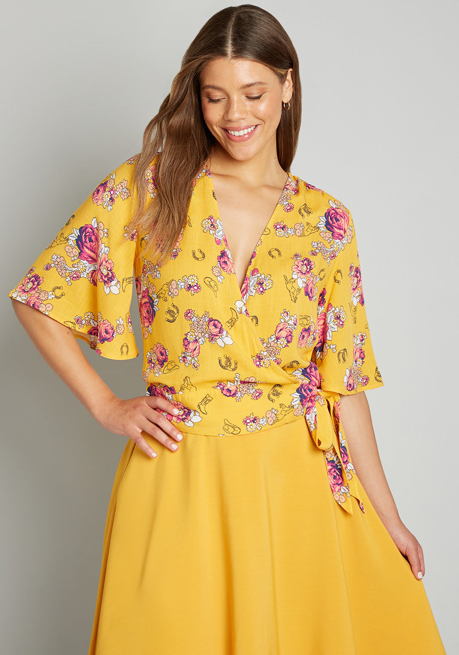 ModCloth Best Is Yet to Come Wrap Top in Yellow Floral, Size XS