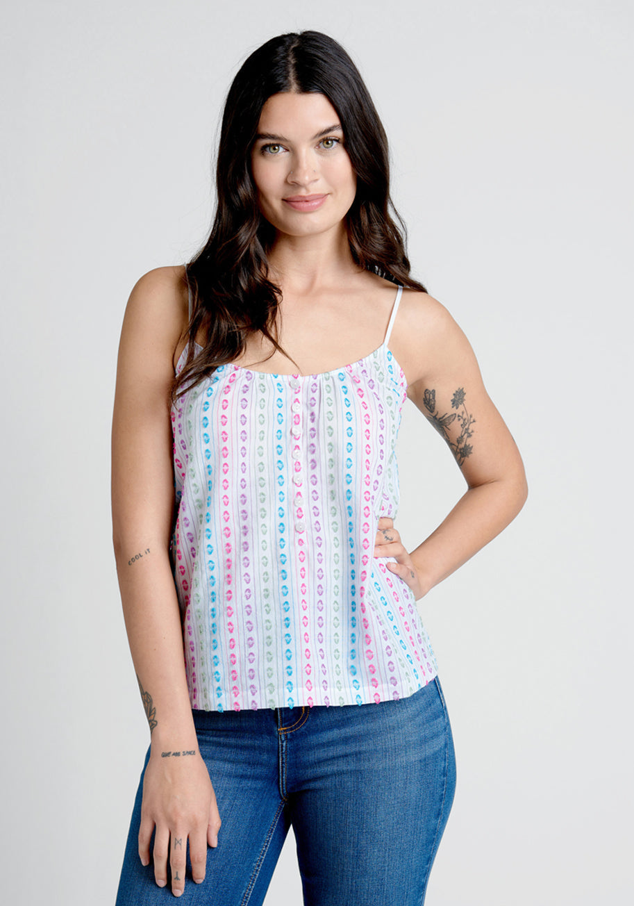 ModCloth Can't Stop Giggling Embroidered Tie-Back Camisole in White Dots, Size Medium