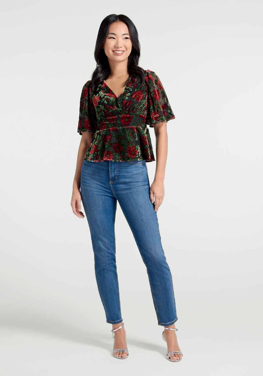 ModCloth Happy Holly-Days Peplum Top in Happy Holly/Days, Size Medium