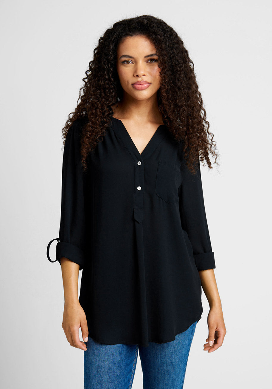 ModCloth Pam Breeze-ly Long Sleeve Tunic Top in Black, Size XS