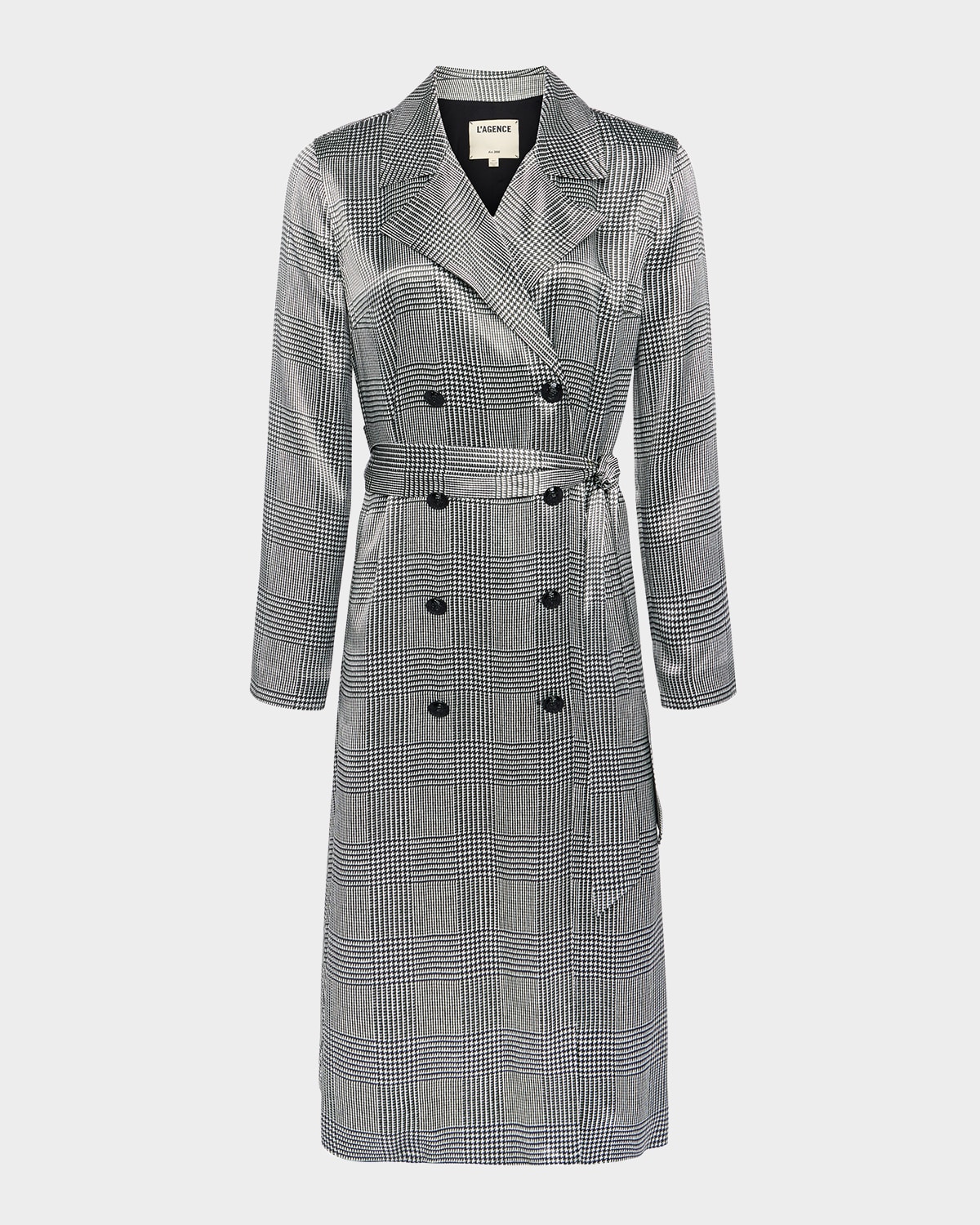 Moda Satin Houndstooth Plaid Trench Coat