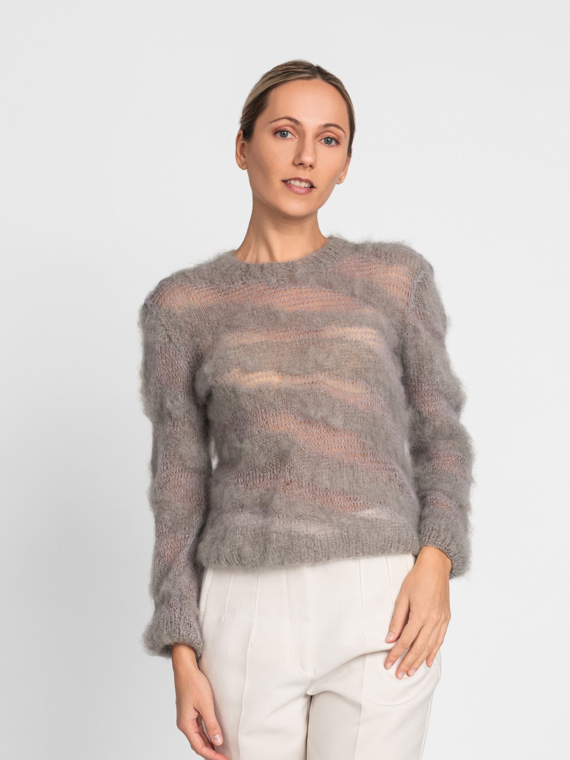 Mohair Lace Evening Blouse, Grey Fluffy Woman's Open Knit Top, Handmade Striped Cocktail Sweater, Sheer Beige Fuzzy Occasion Pull, Gift