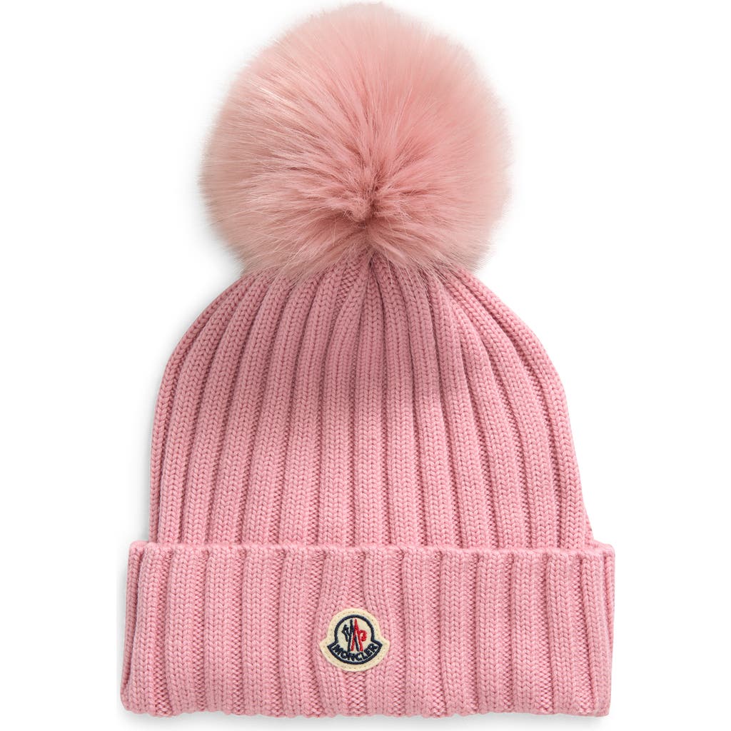 Moncler Virgin Wool Rib Beanie with Faux Fur Pompom in Pastel Pink at Nordstrom