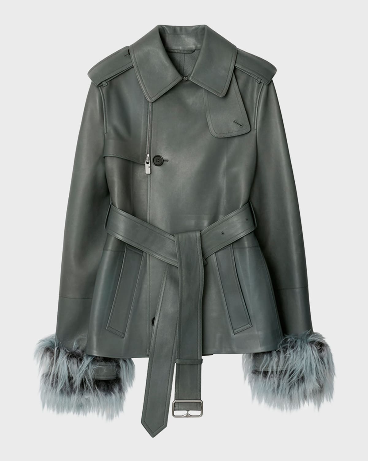 Mongolian Lamb Shearling And Leather Short Trench Coat