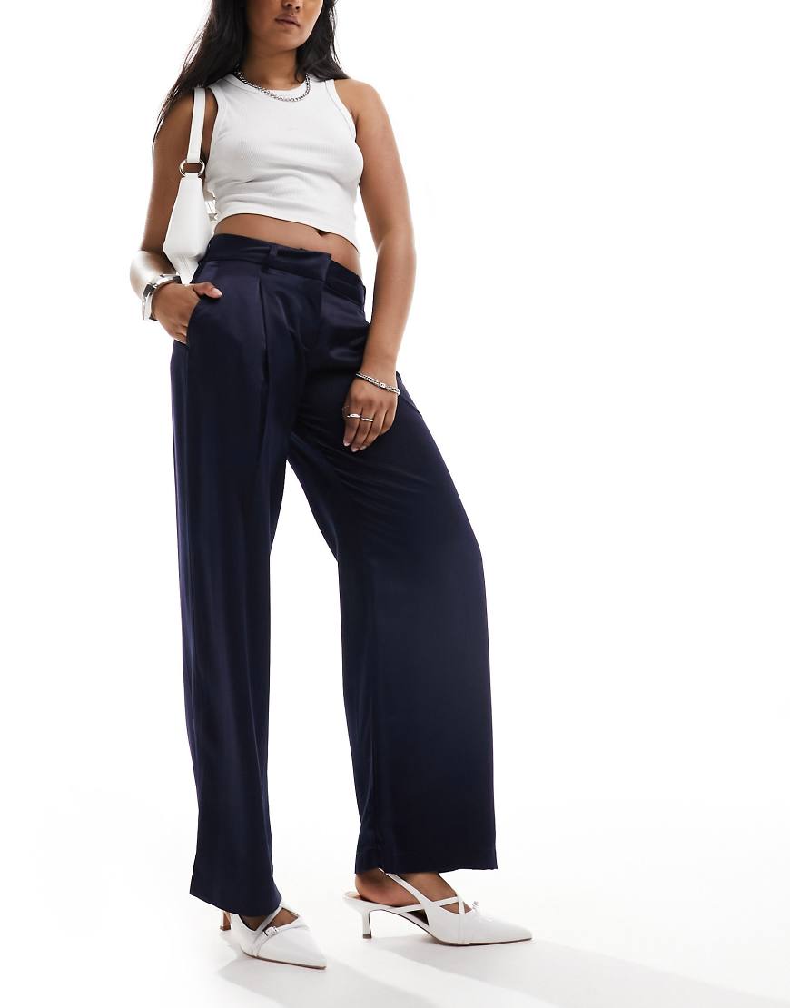 Monki low waist satin tailored pants in navy blue