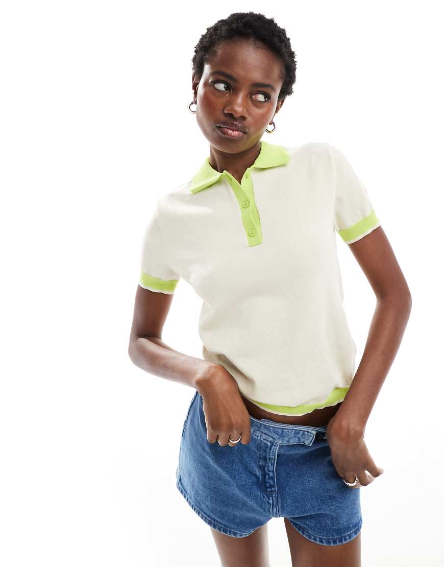 Monki short sleeve knit polo top in beige and green-Neutral