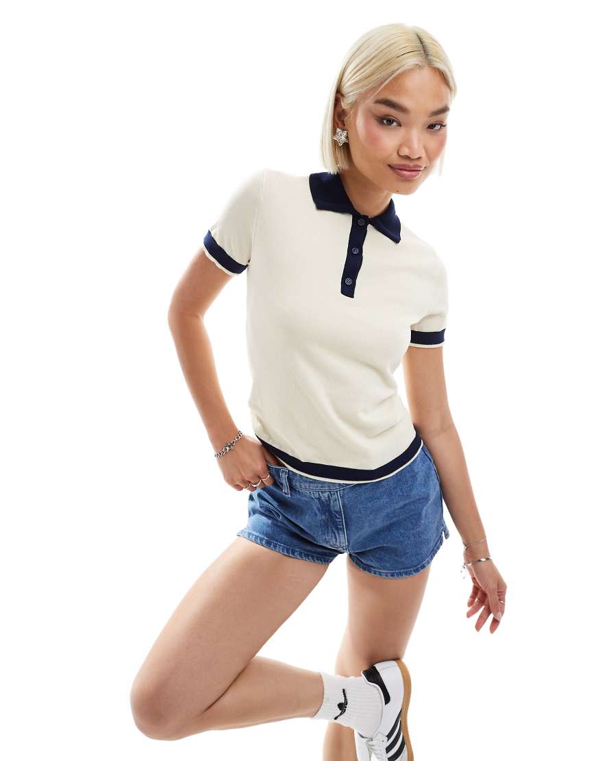 Monki short sleeve knitted polo top in beige and navy