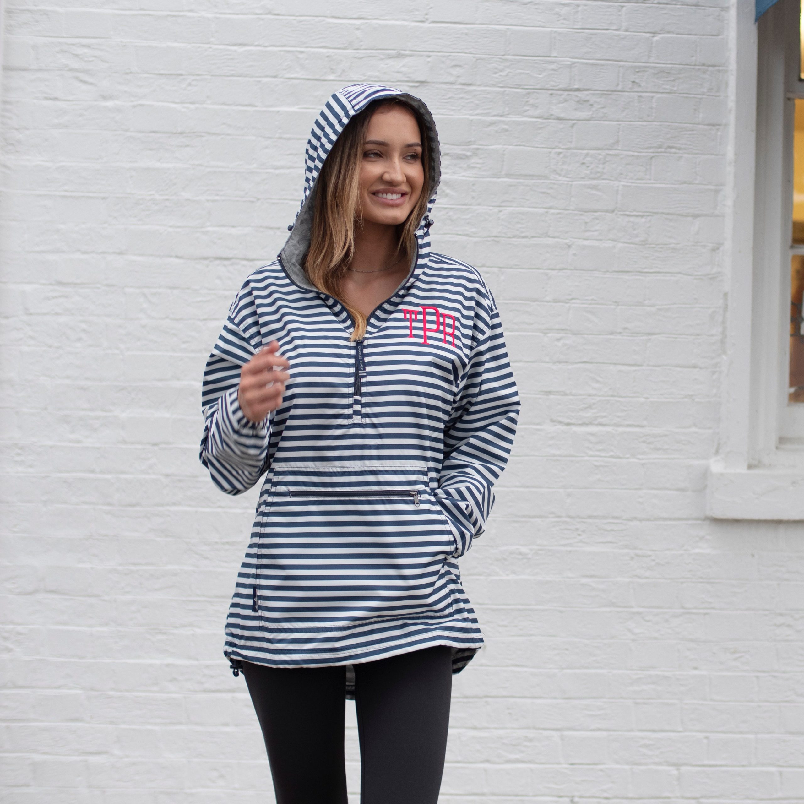 Monogrammed Striped Anorak Pullover, Personalized Quarter Zip Rain Jacket With Hood, Embroidered Clothing, Gift For Women