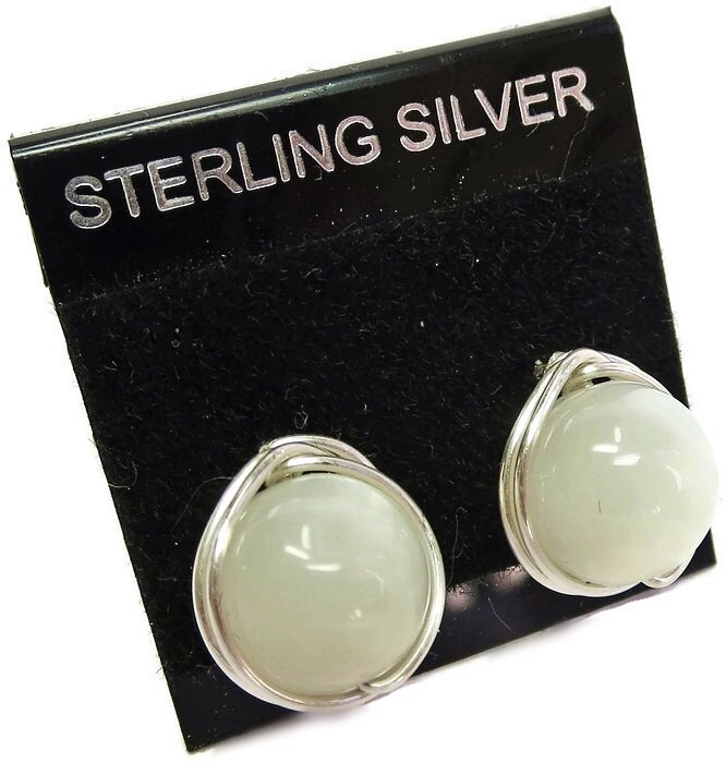 Moonstone & Sterling Silver Herringbone-Topped Wire-Wrapped Post Earrings