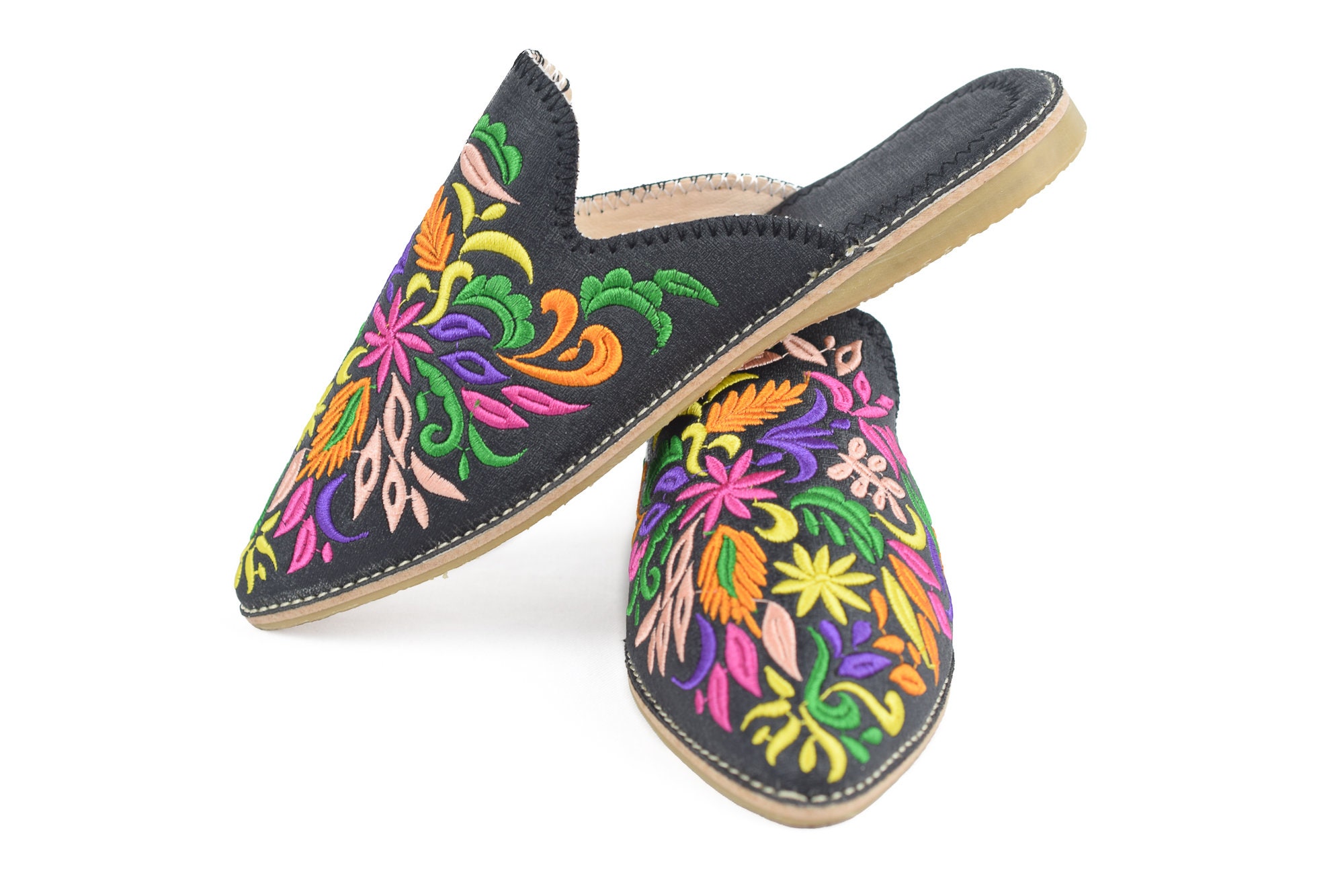 Moroccan Babouche Mules, Leather Backless Loafers, Bridesmaid Slippers, Moccasins Women, Embroidered Wedding Mules