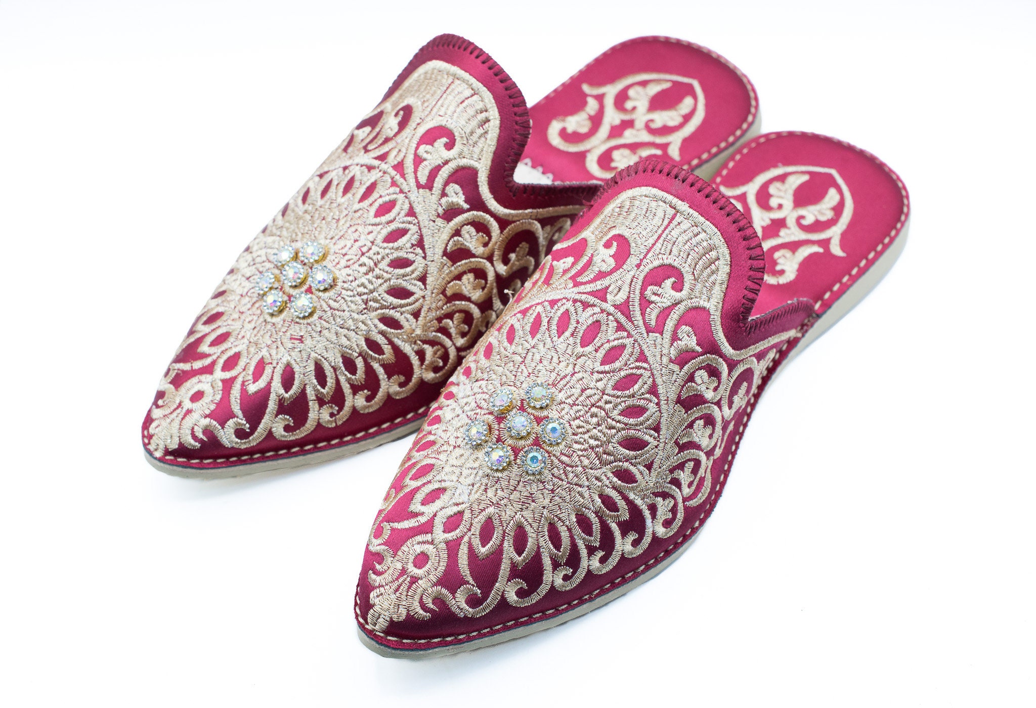 Moroccan Mules Shoes For Women, Embroidered Mules, Boho Silk Slippers, Beaded Backless Loafers, Sheepskin Slippers