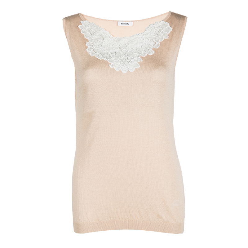 Moschino Beige Knit Lace Neck Trim Detail Sleeveless Top M