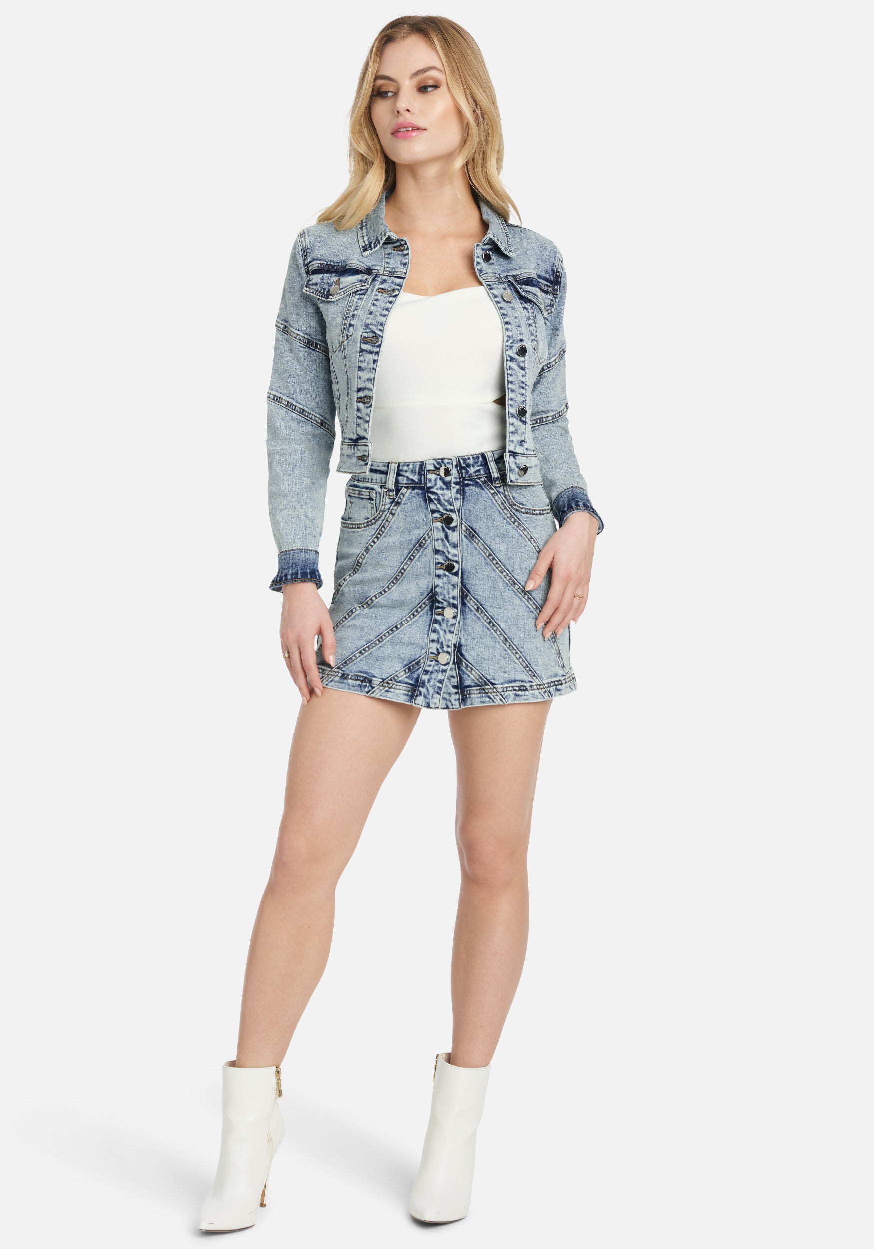 Multi Stitch Button Front Short Denim Skirt