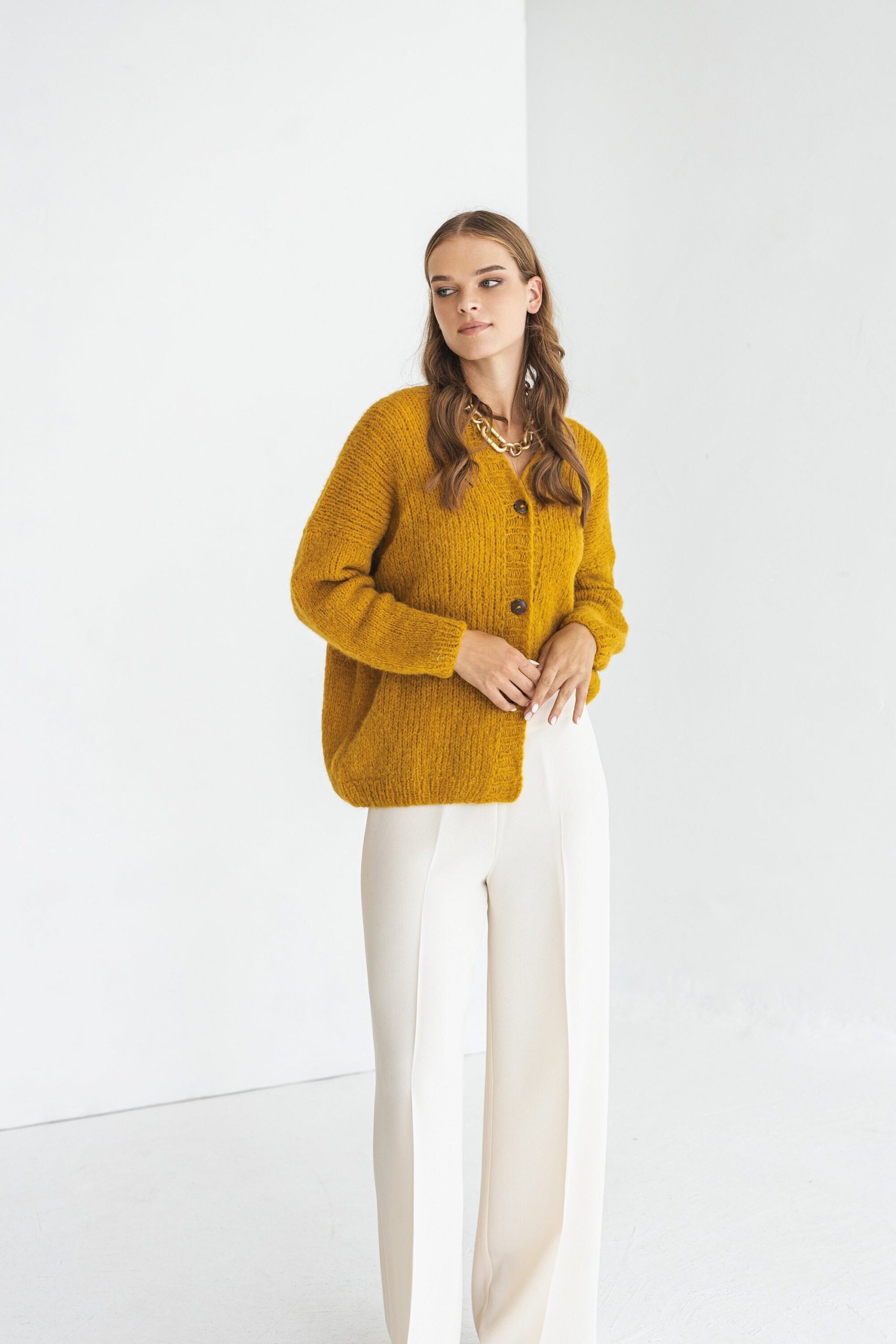 Mustard Yellow Alpaca Wool Cardigan With Buttons, Curry Cable Knit Lightweight Sweater, Slightly Oversized Minimalist Classy Women Gilet