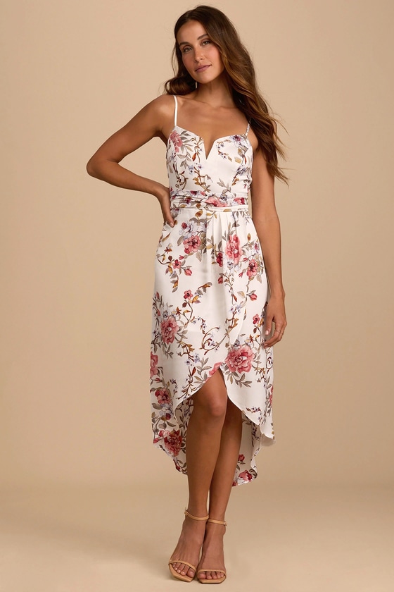 My Favorite Day Ivory Floral Print Tulip Skirt Midi Dress