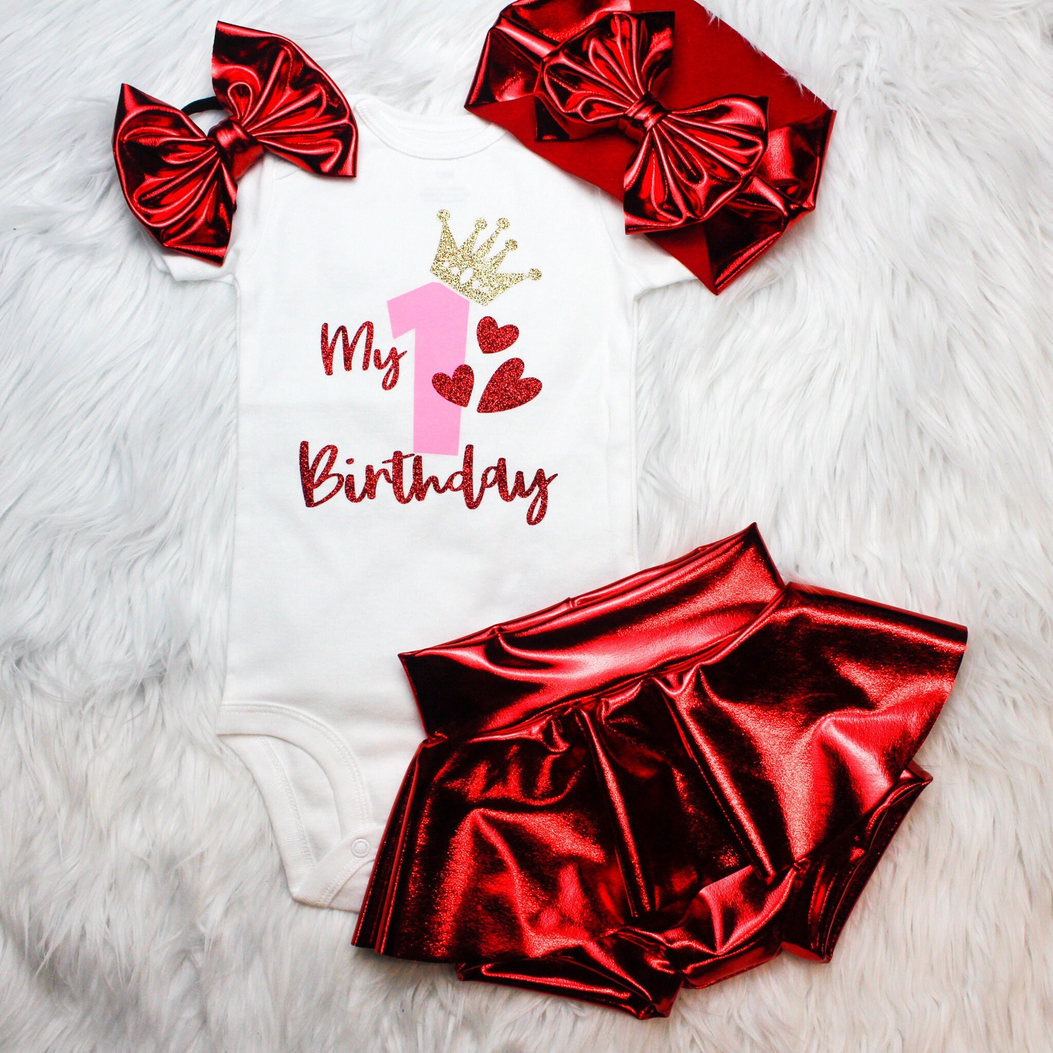 My First Birthday Glitter Red Metalic Skirted Bummy, Faux Leather Pants & Birthday Crown, Shiny Skirt