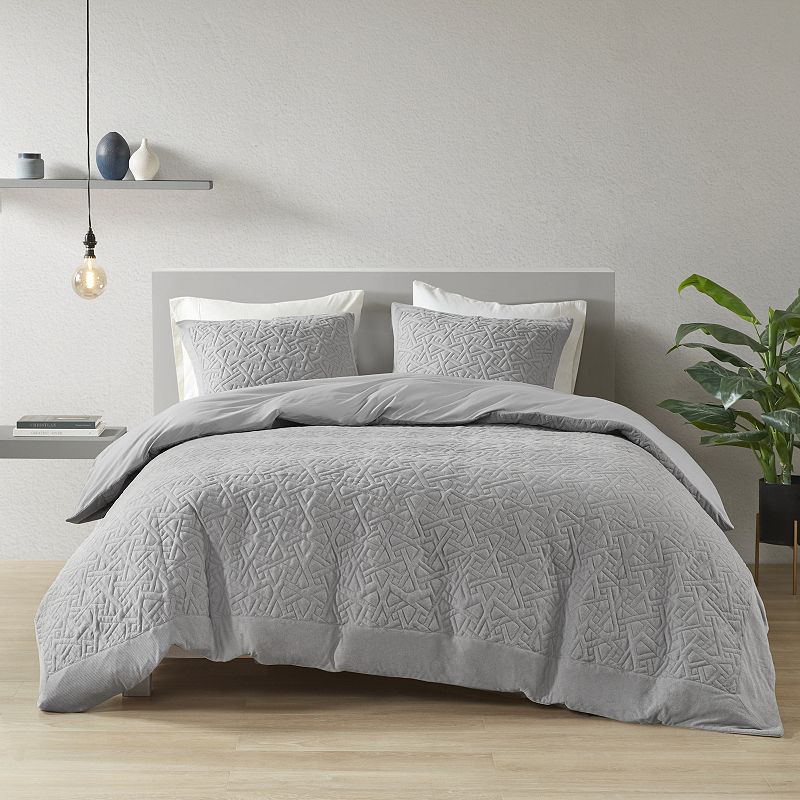 N Natori Origami Geometric Oversized Knit Quilted Top Comforter 3-piece Set with Shams, Gray