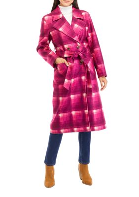 NVLT Women's Bold Plaid Trench Coat, Fuchsia, XS