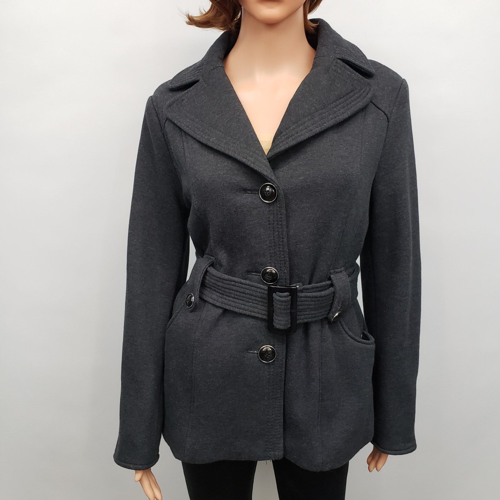 NWT Kenneth Cole Reaction Pea Coat M Belted Cotton Poly in Grey, Women's (Size Medium)