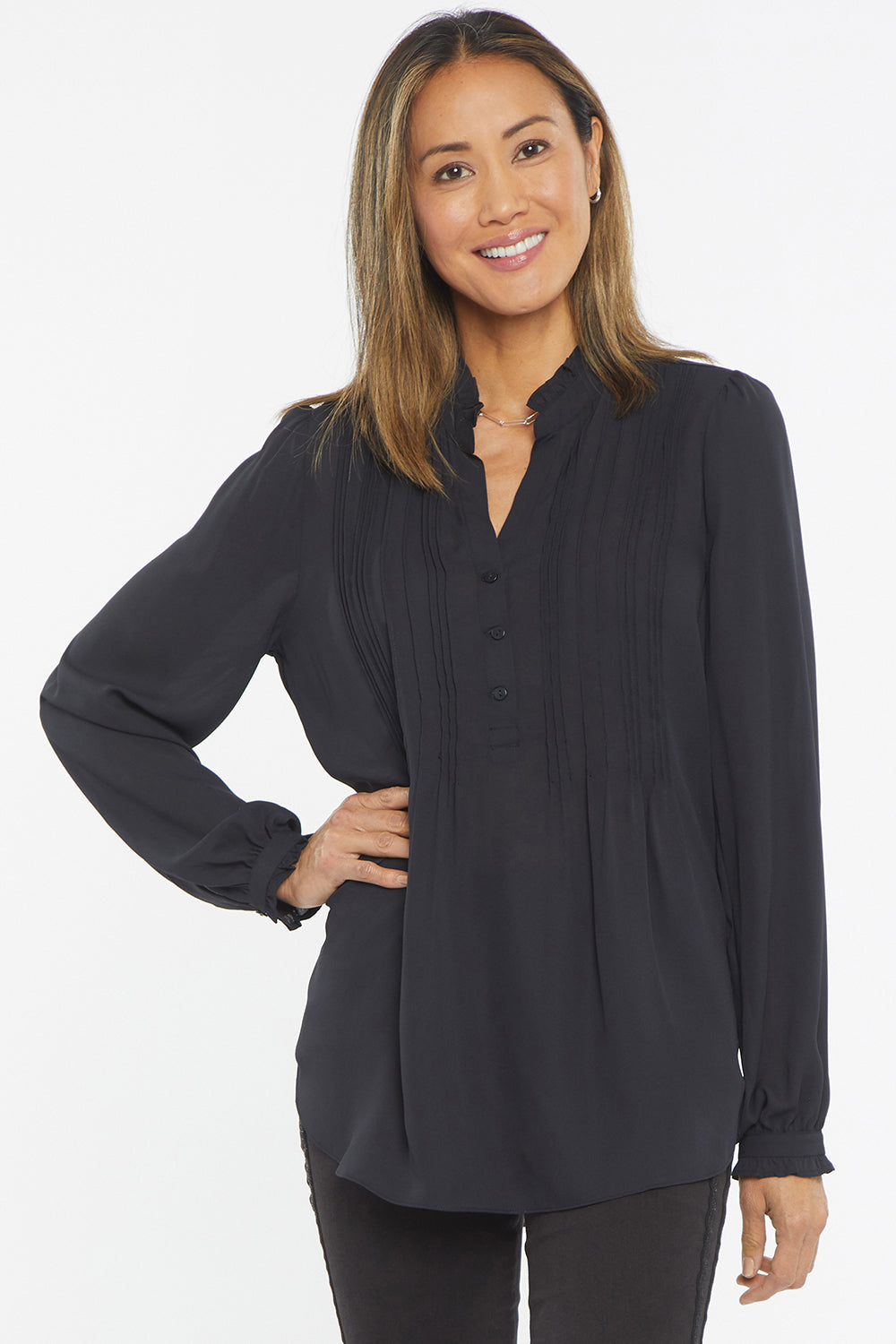 NYDJ Women's Pleated Front tunic top in Black, Regular, Size: XXS | Denim