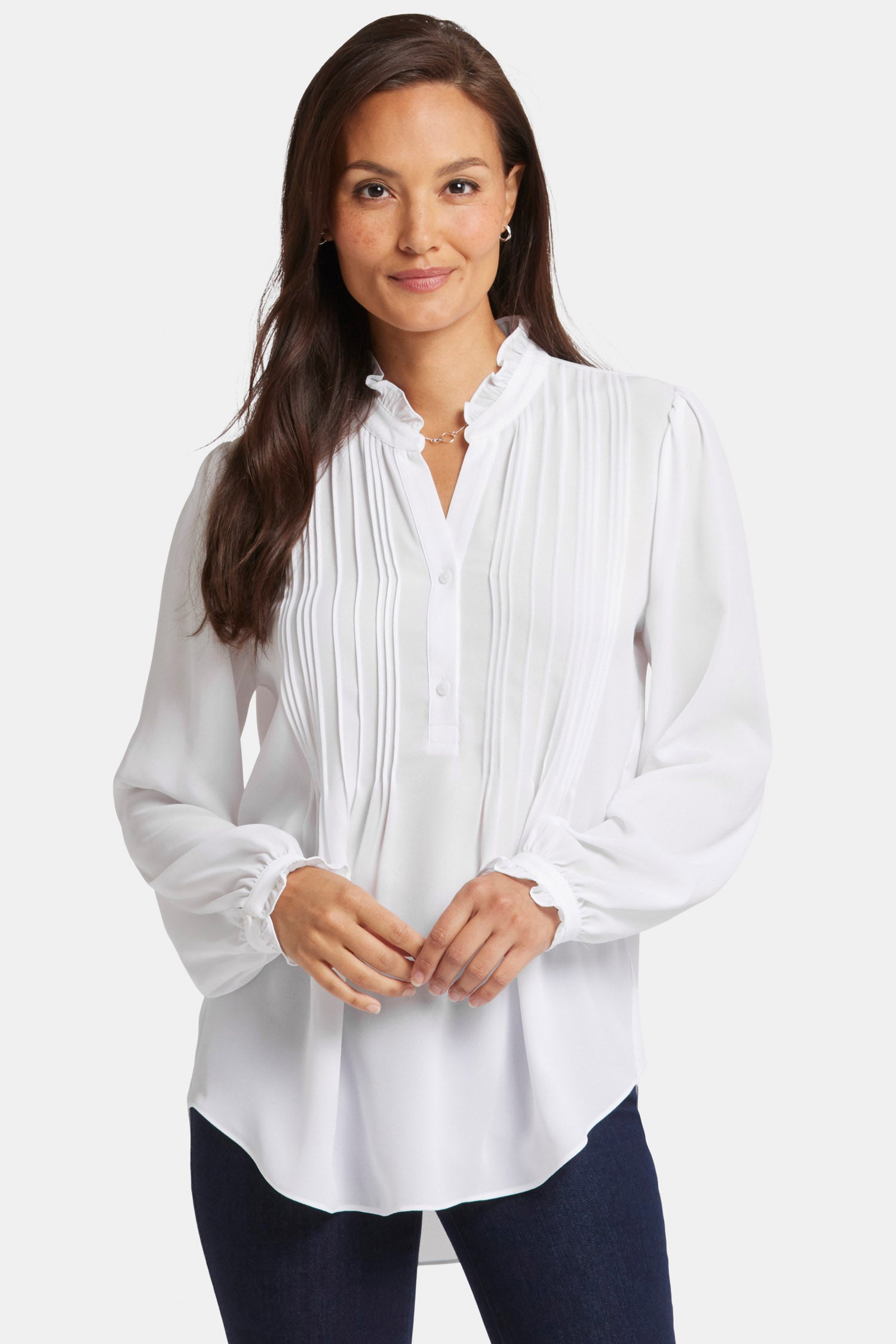 NYDJ Women's Pleated Front tunic top in Optic White, Regular, Size: XXS | Polyester/Denim