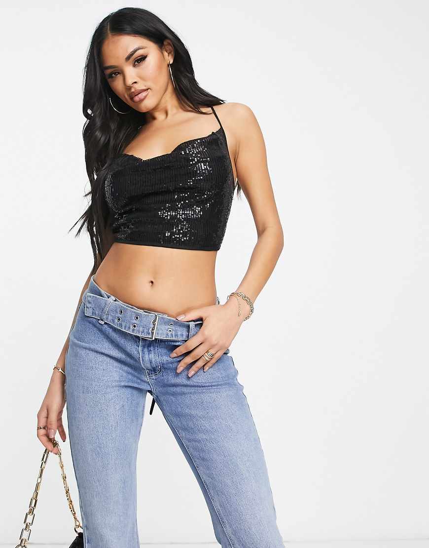 NaaNaa sequin crop top with cowl neckline in black