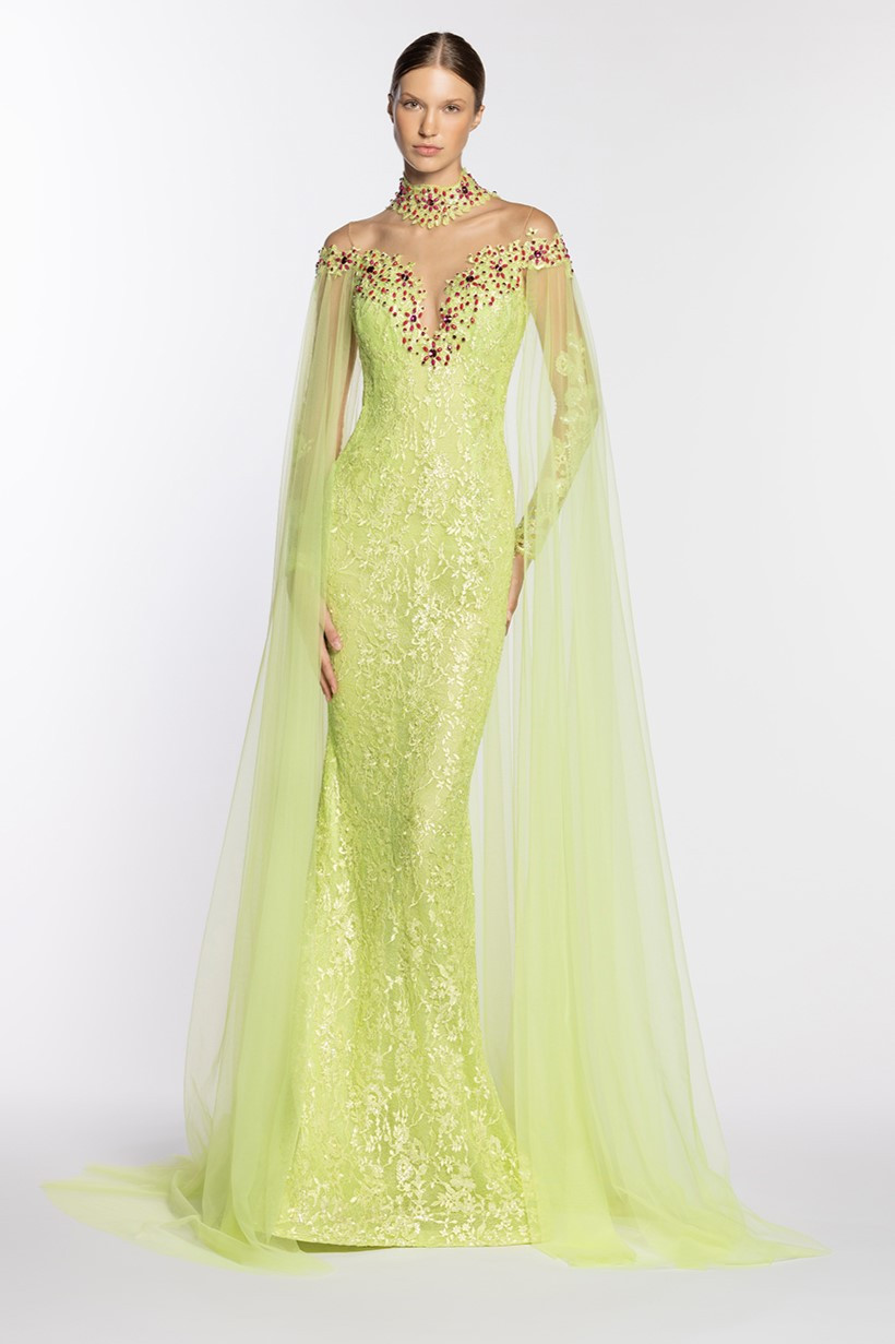 Naja Saade Halter Neck Lace Gown With Tulle Cape