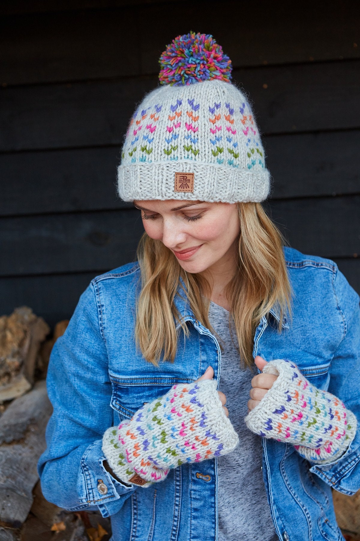 Natural Heart Bobble Beanie - Fair Isle Handwarmers Cream Knitted Headband Trade Accessories Fleece Lined Pachamama