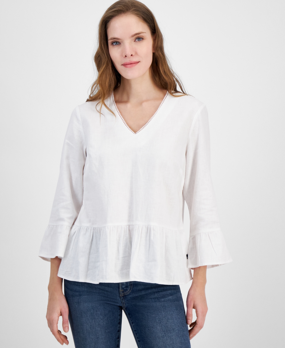 Nautica Jeans Women's V-Neck 3/4-Sleeve Peplum Top - Bright White