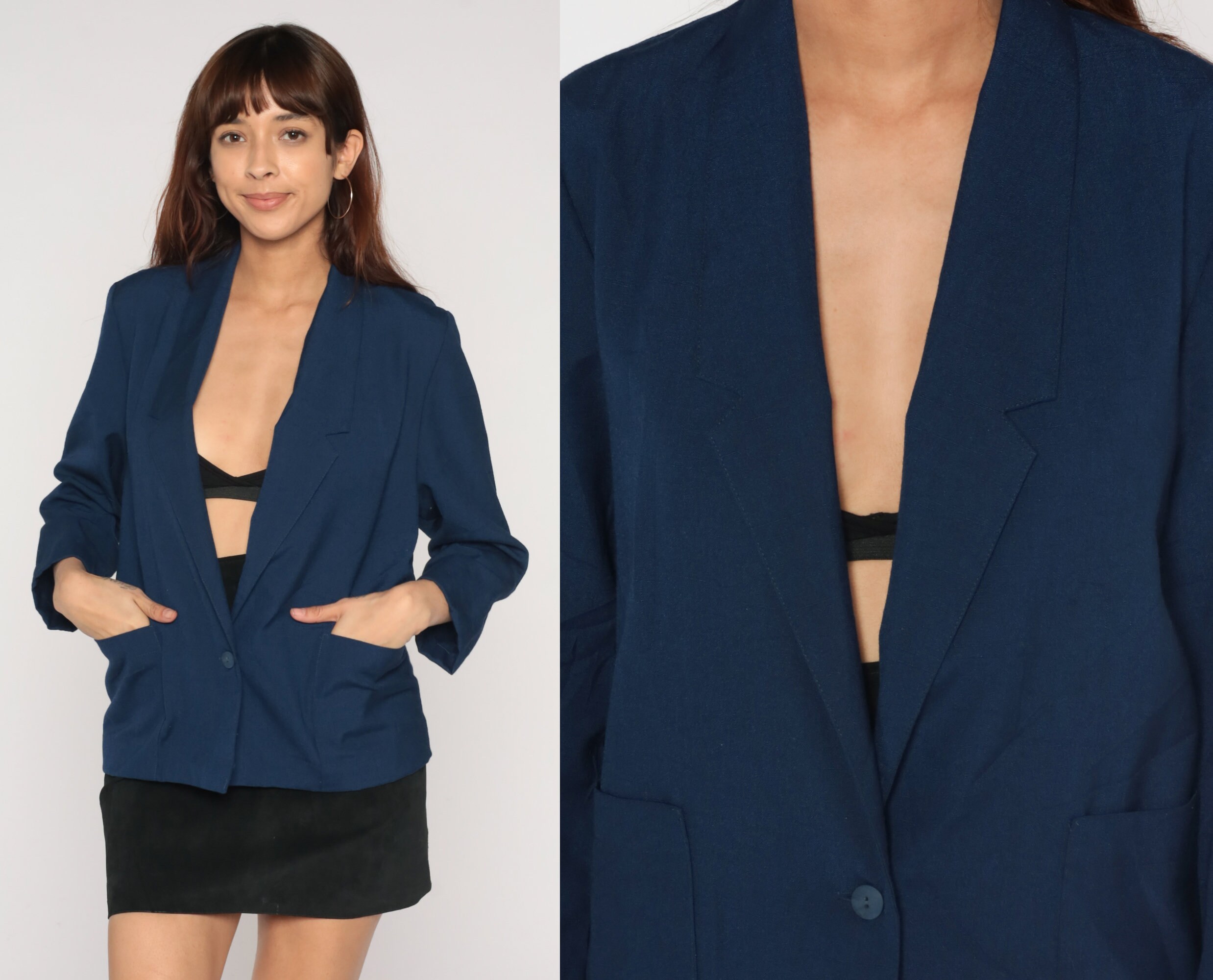 Navy Blue Blazer 90S Button Up Jacket Low Neck Deep V Structured Work Formal Office Professional Chic Plain Solid Vintage 80S Small S