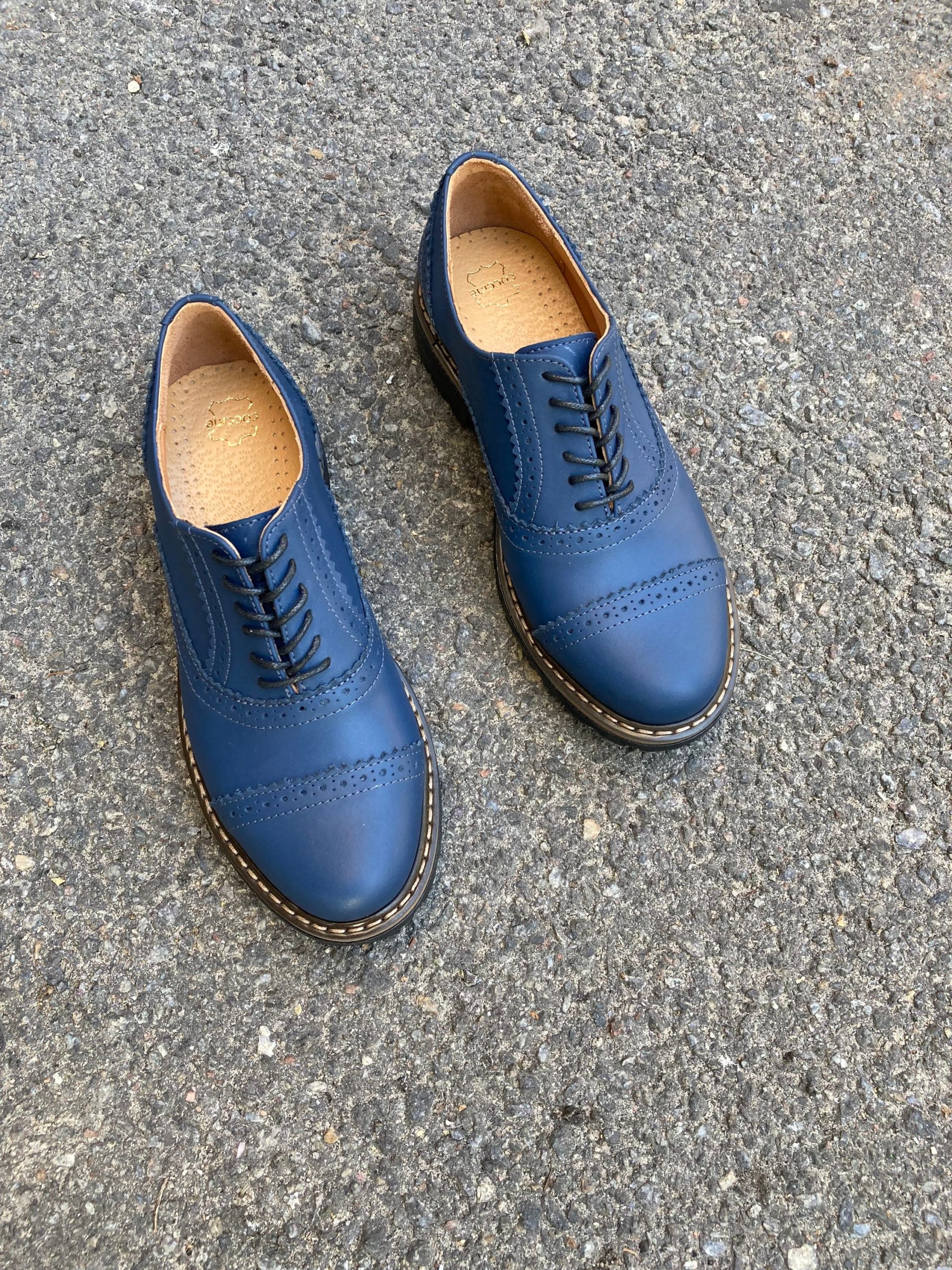 Navy Blue Leather Women Oxfords Brogues Shoes, Derby Shoes