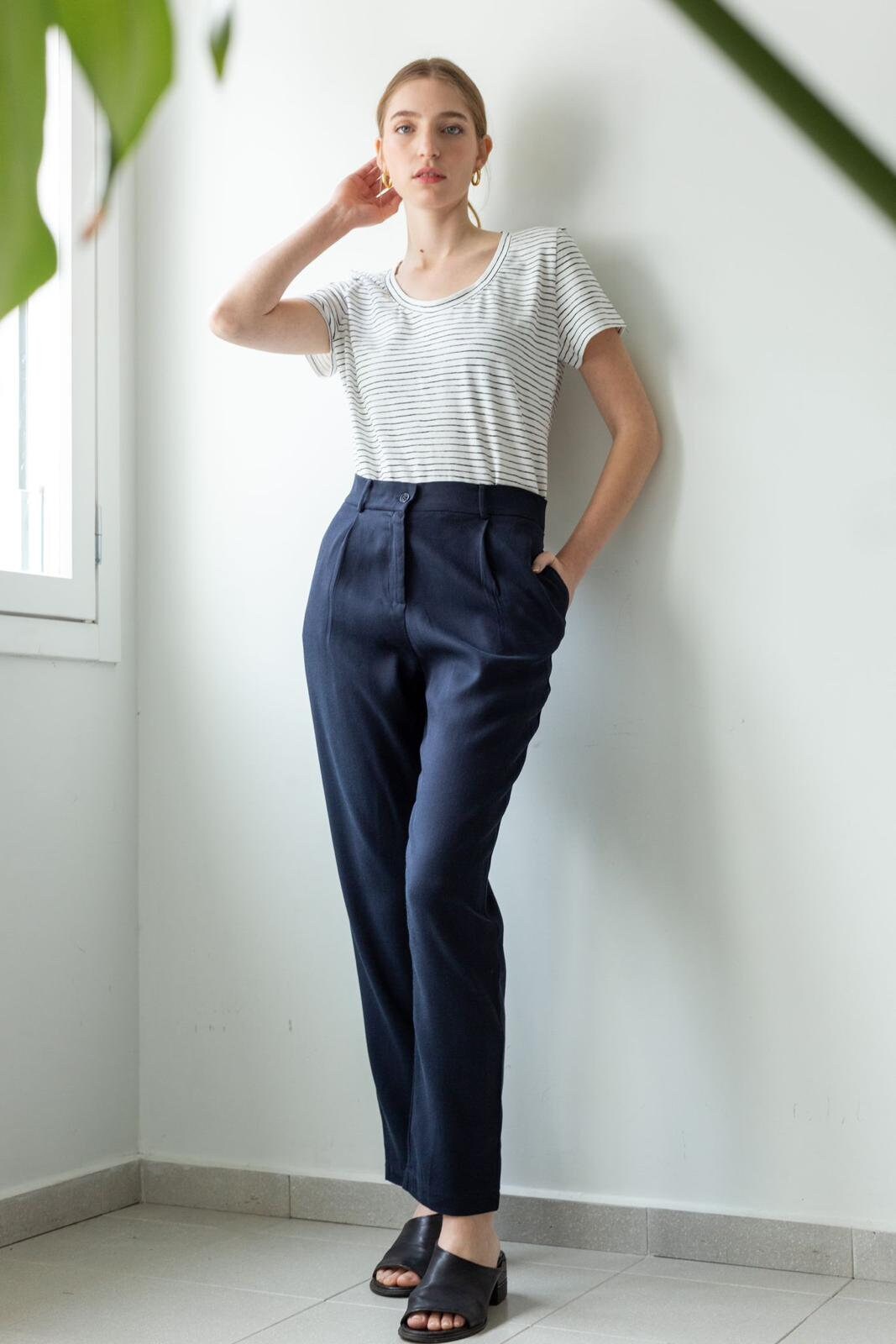 Navy Blue Trousers, High-Waist Vintage Pants, Women's Tailor Casual Clothing, Spring Clothing