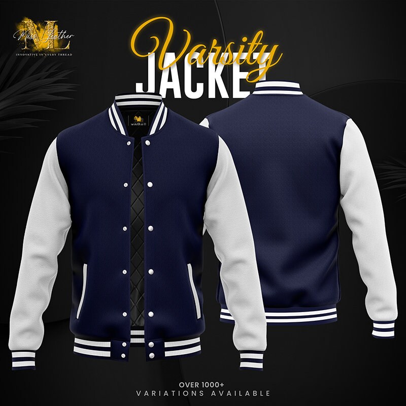 Navy Blue Varsity Baseball Letterman College Bomber Jacket With Real White Cowhide Leather Sleeves Xs-4Xl(All Color Available