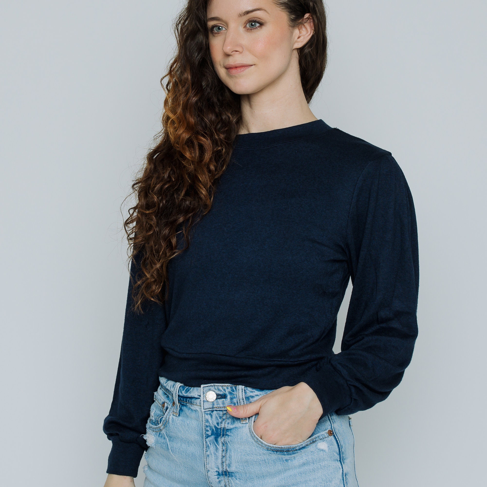 Navy Long-Sleeve Top, Puffy Sleeve, Crew Neck, Light Sweater For Office Or Weekend Wear, Minimalist Super-Soft, Sustainable, Casual Top