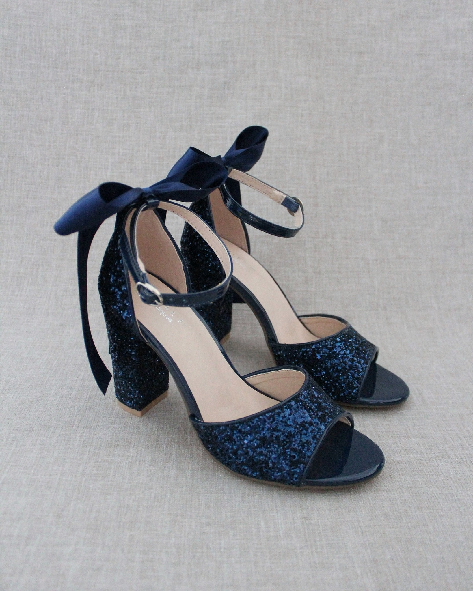 Navy Rock Glitter Block Heel Sandals With Back Bow - Fall Wedding Shoes, Bridesmaids Bridal Holiday Shoes