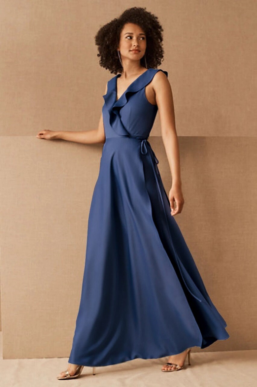 Navy Satin Bridesmaid Dress, Wedding Dresses, Long Slip Spaghetti Halter Neck Dress