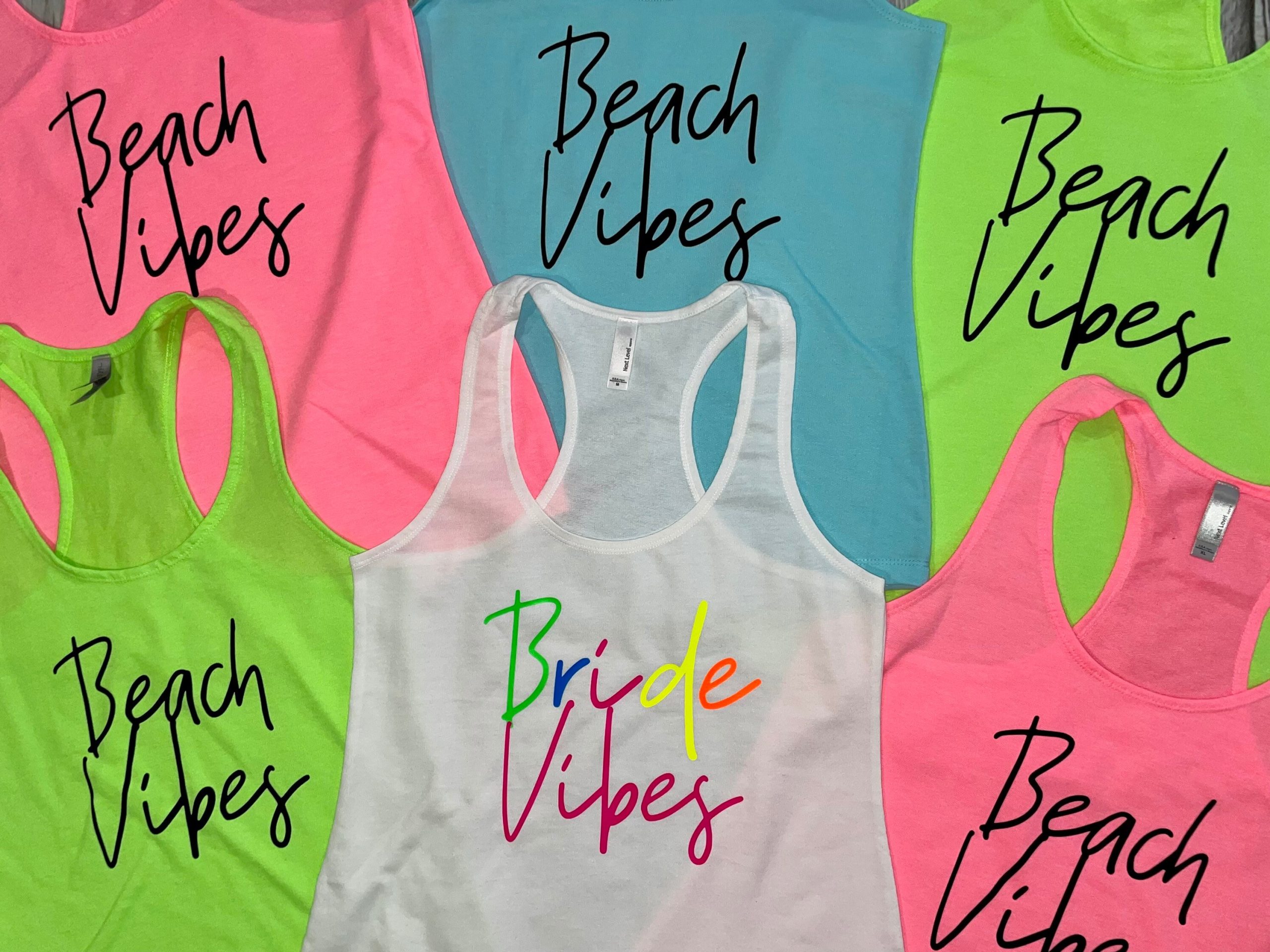 Neon Bachelorette Party Tank Tops, Bridesmaid Tanks, Neon Beach Vibes Bachelorette, Bride Squad Shirts