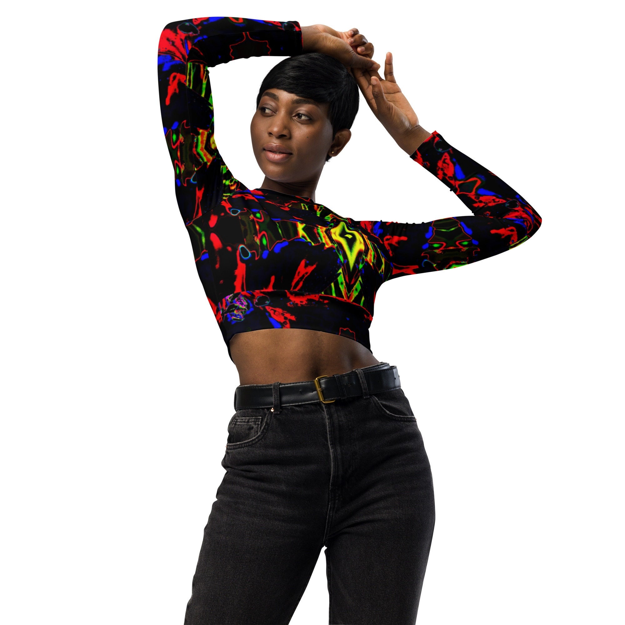 Neon Geometric Graphic Pattern Recycled Long-Sleeve Crop Top/Up To 6xl