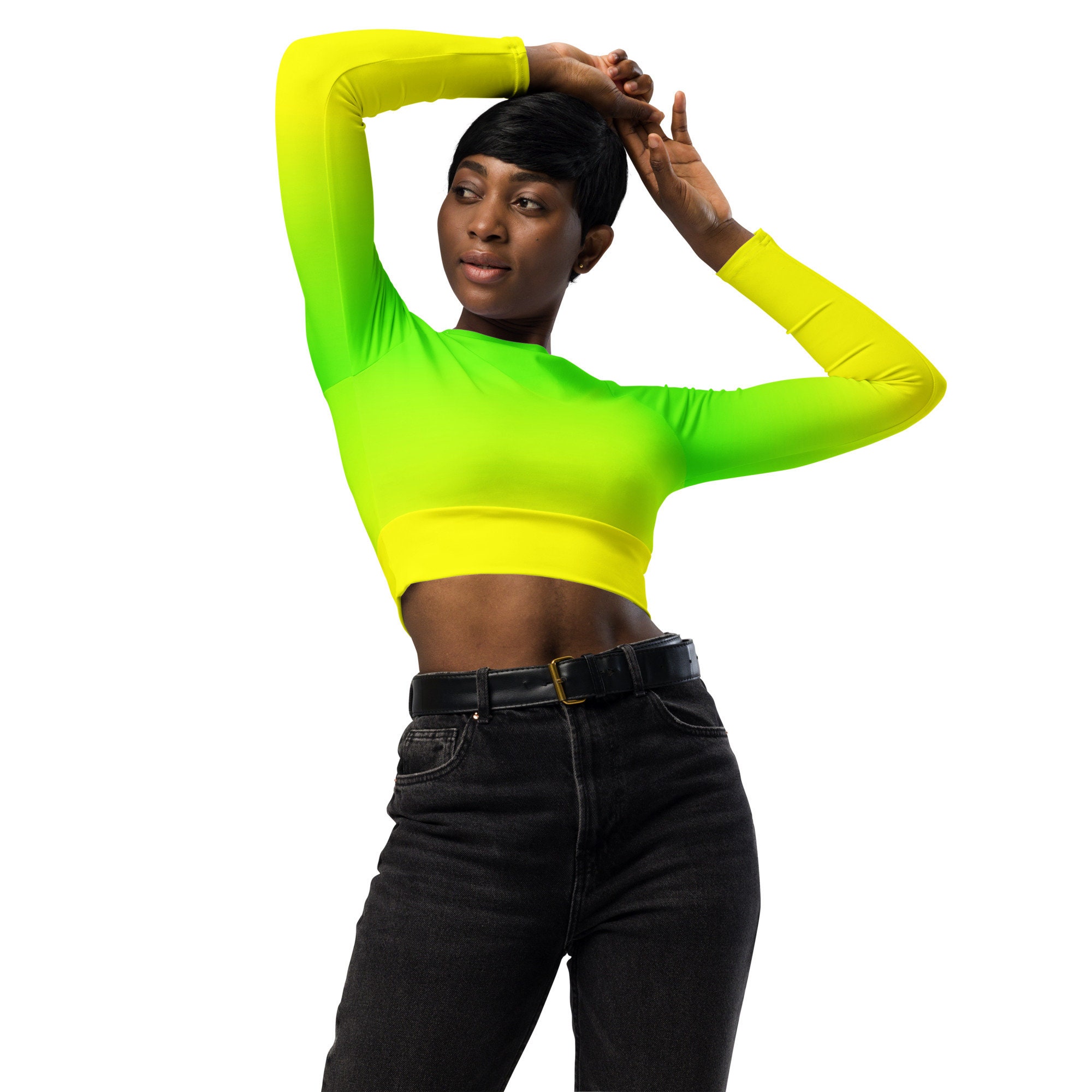 Neon Lime Green & Yellow Recycled Long-Sleeve Crop Top/Eco Athleticwear /Up To 6xl