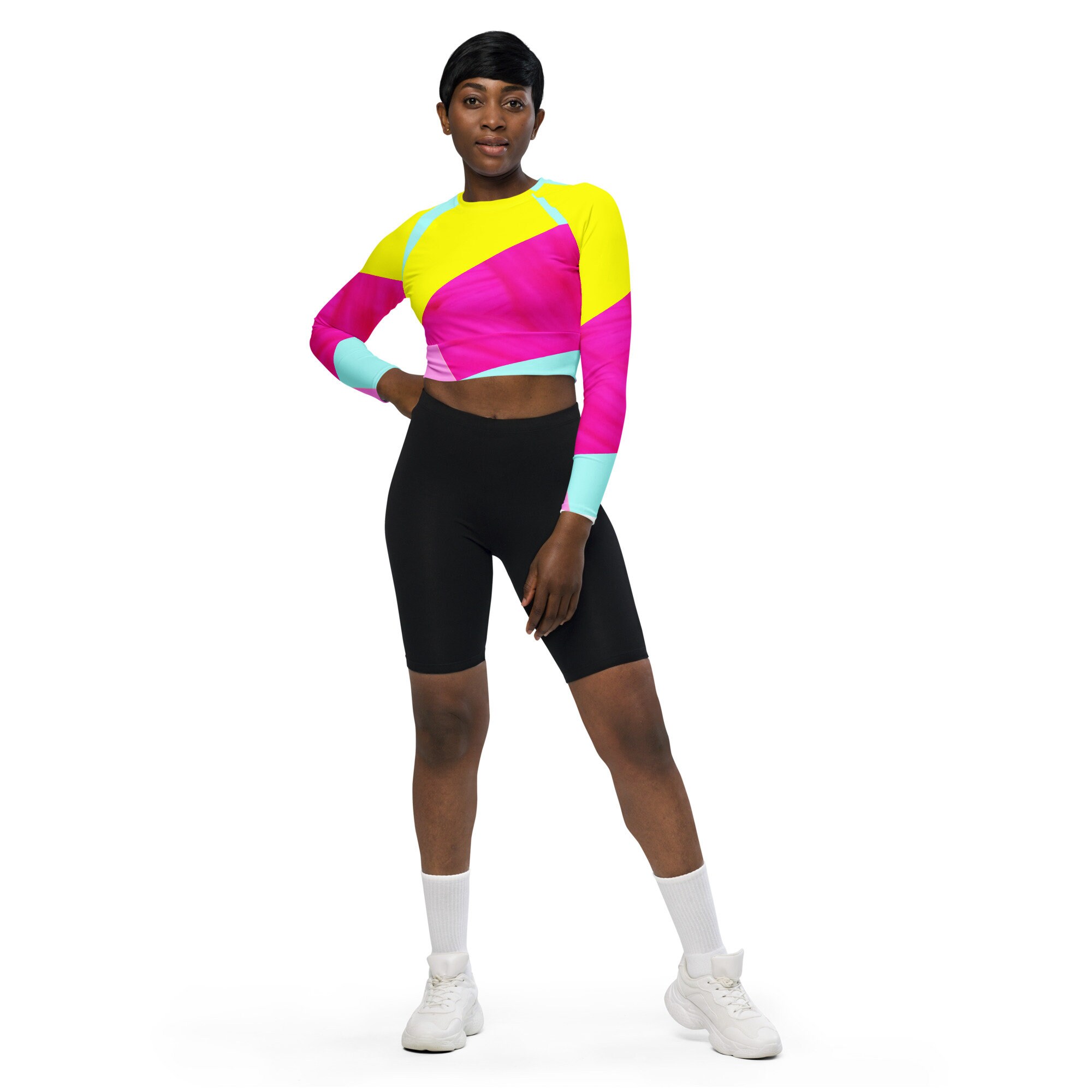 Neon Pastel Color Blocking Recycled Long-Sleeve Crop Top/Eco Athletic Wear Up To 6xl