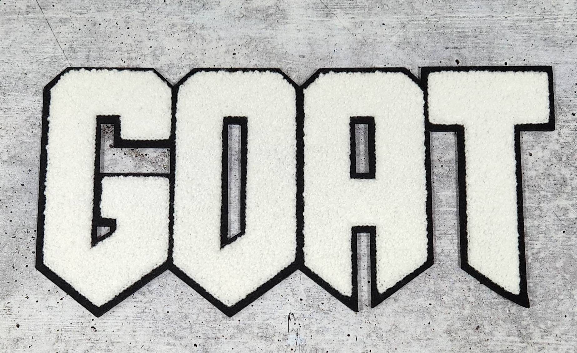 New, 1-Pc White & Black "Goat" Chenille Iron-On Patch, Size 9"x5", Large Patch For Varsity Jackets, Denim Shirts, Hoodies